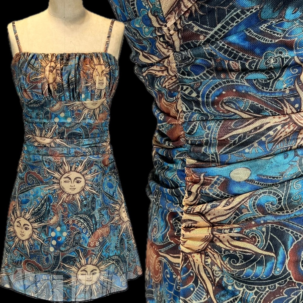 Celestial sun goddess mini dress stretchy ruched gathered waist astrology witchy